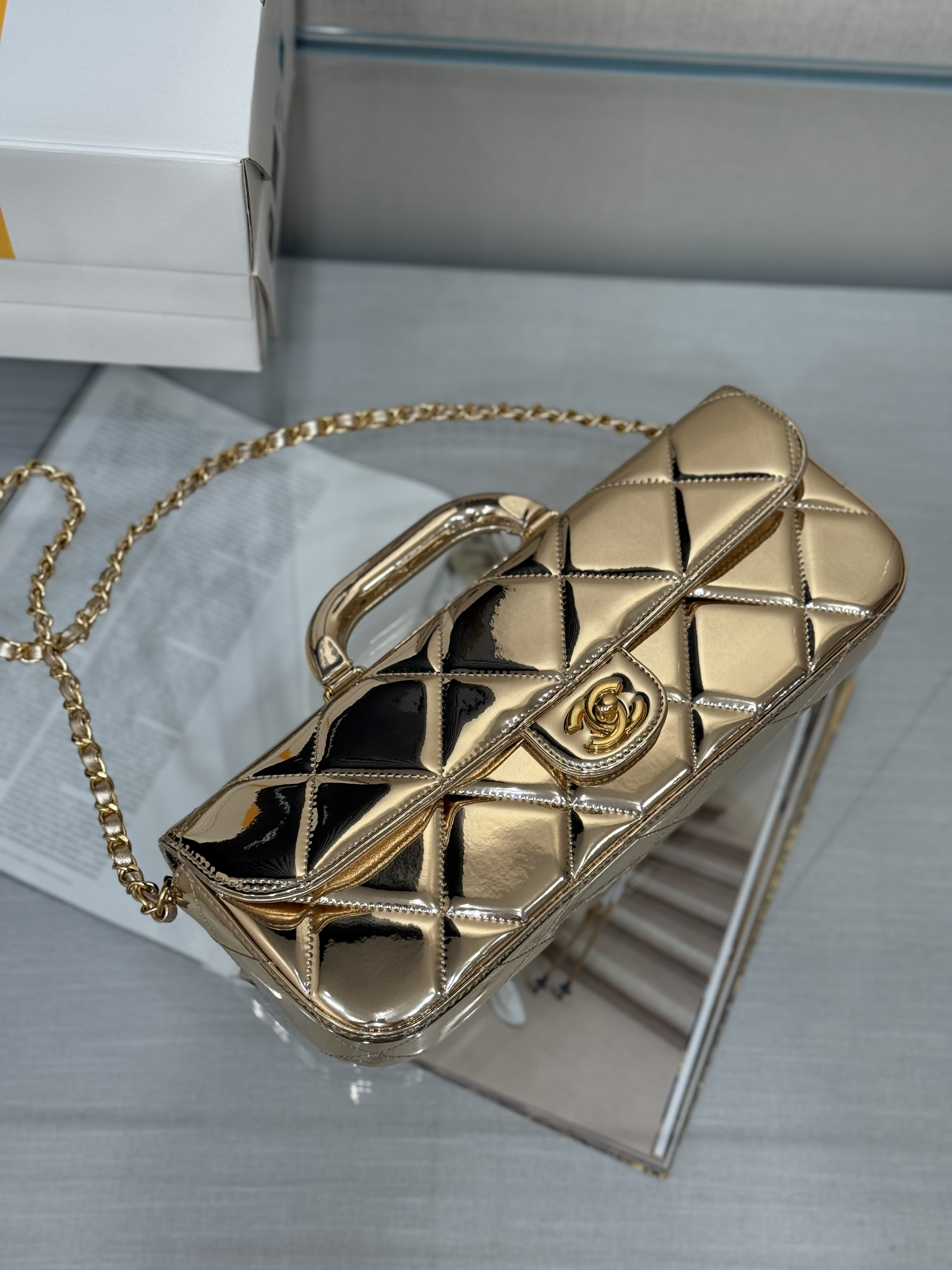 Large Flap Bag With Handle in Metallic Mirror Gold Calfskin with Gold-Tone Hardware