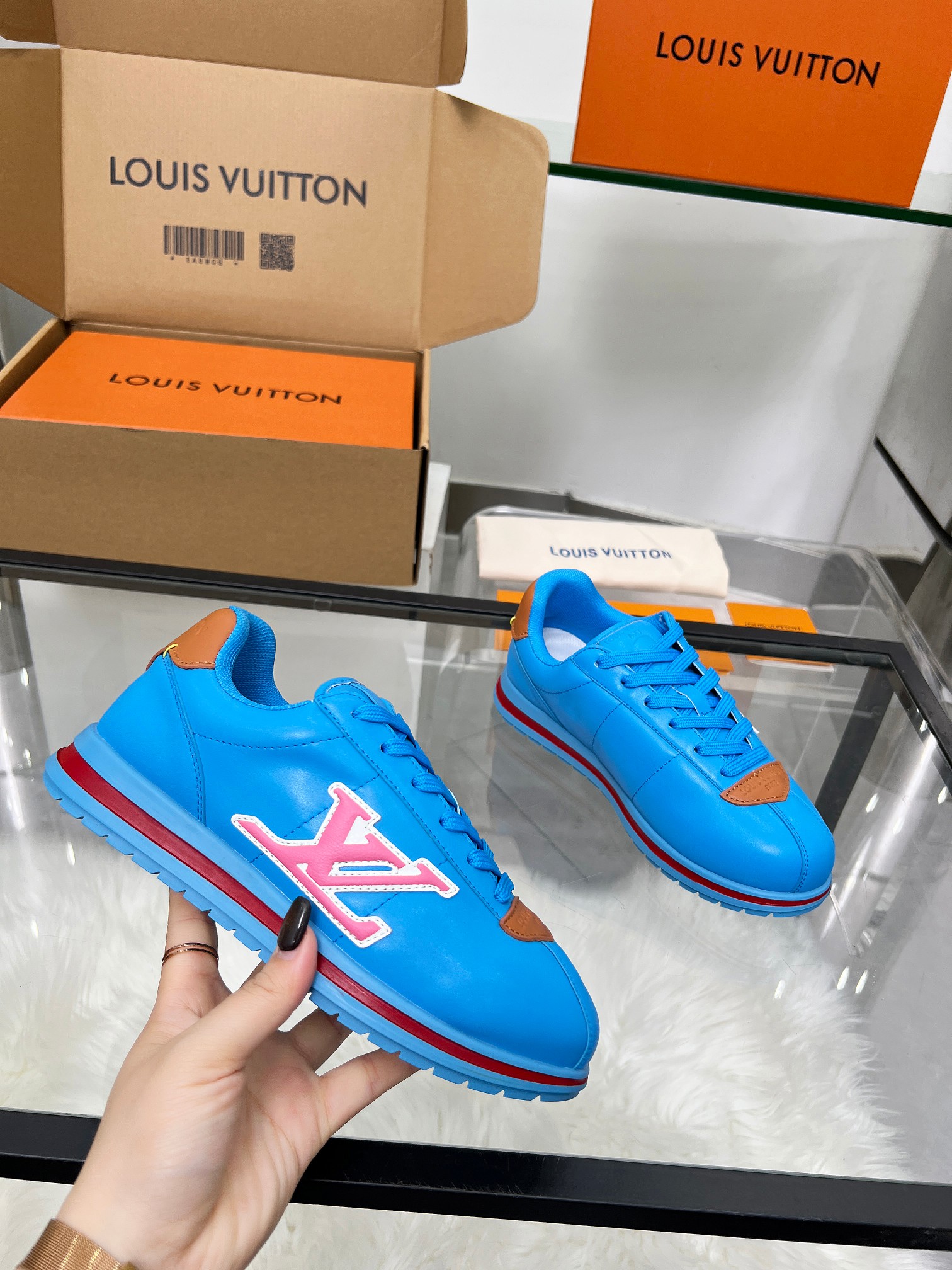 Louis Vuitton LV Trainer Sneaker Blue & Pink – Red Stripe Sole – Women’s Shoes