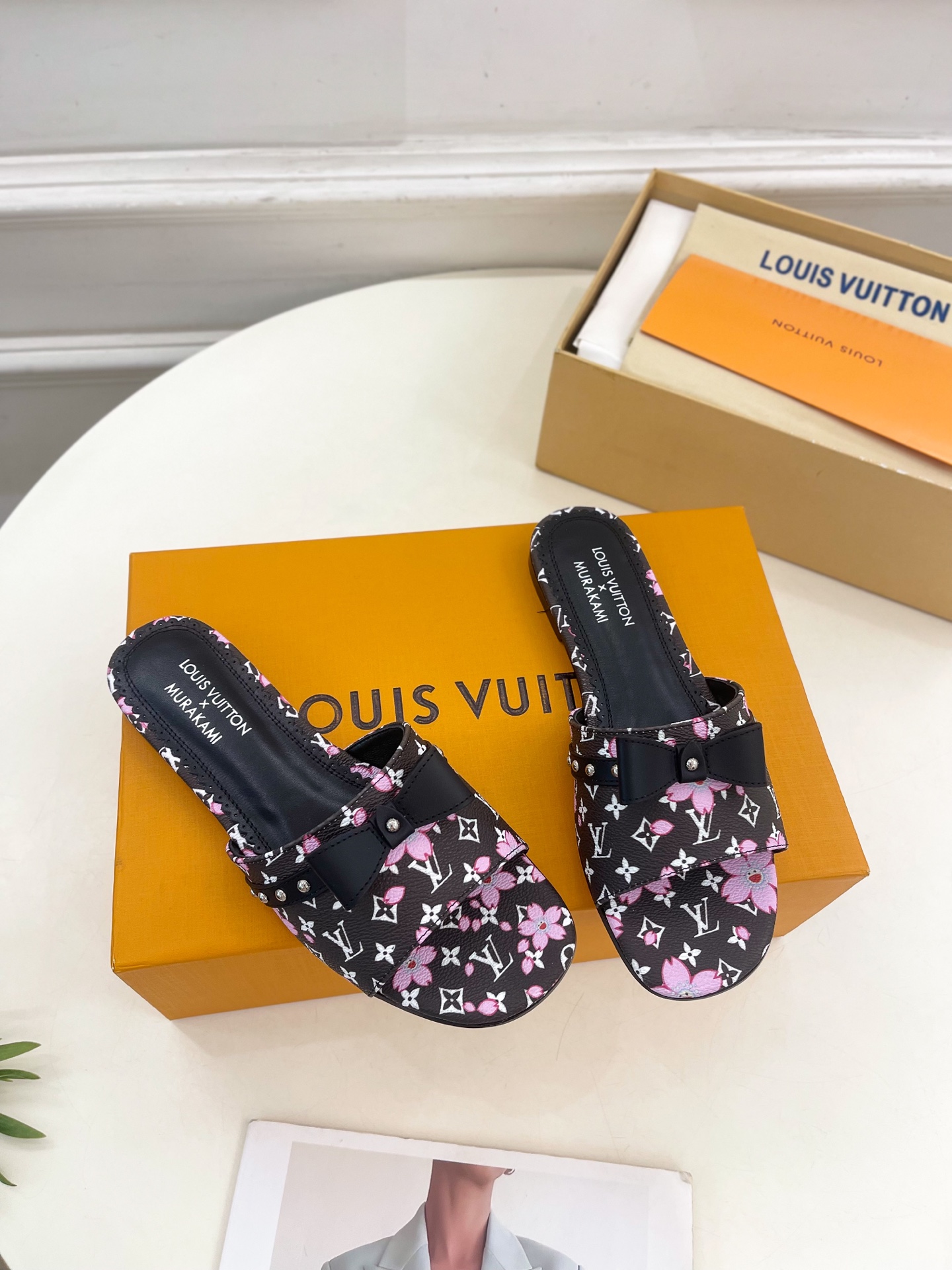 Louis Vuitton x Takashi Murakami Cherry Blossom Flat Slide Black Monogram with Bow