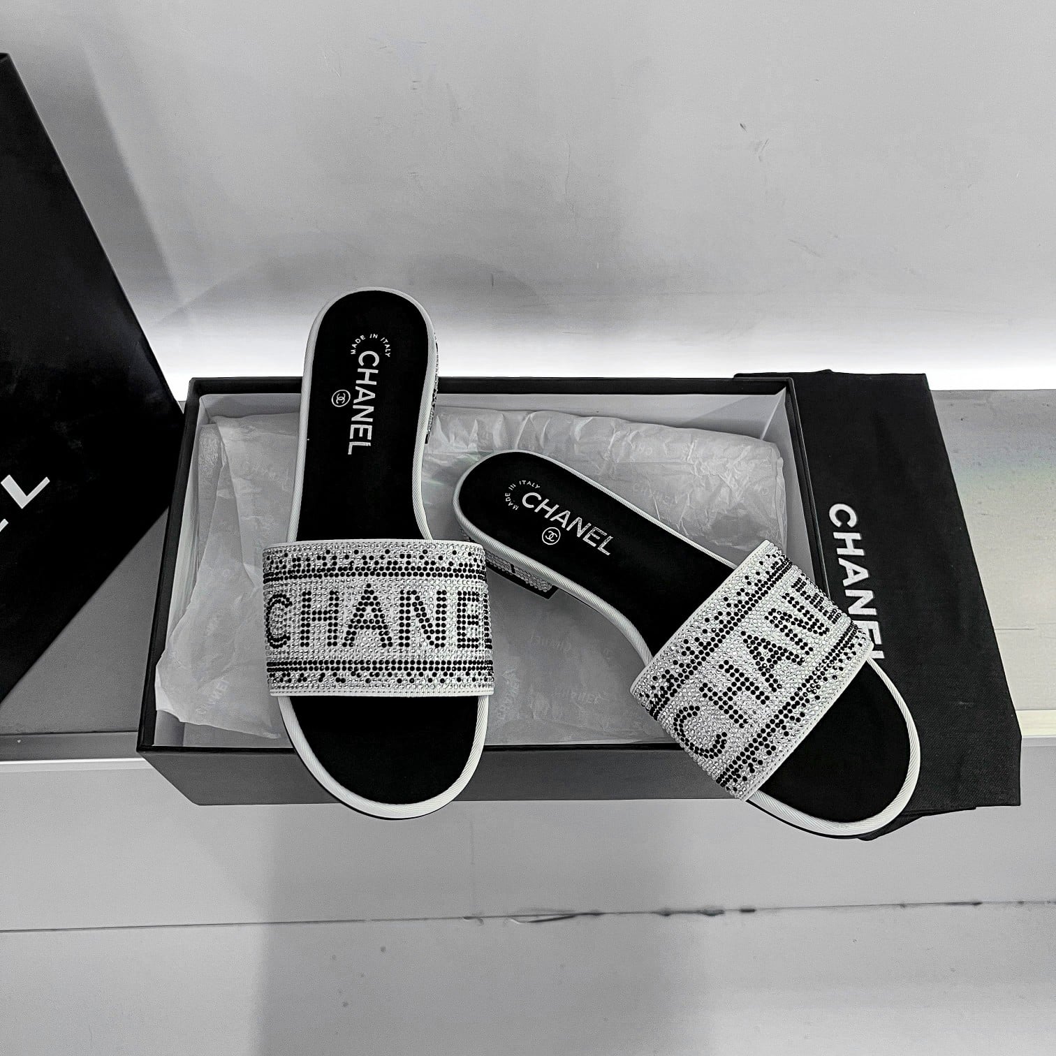 Chanel 24P Beaded Diamond Slippers Silver