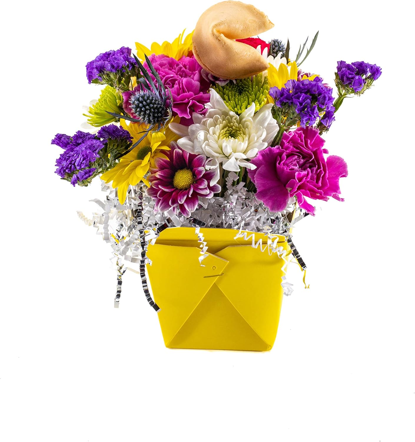 Spring Fresh Cut Live Flowers Arranged in a Takeout Container with Your Personal Message Tucked Inside a Fortune Cookie