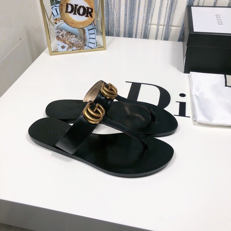 Gucci Double G Thong Leather Black ?497444 A3N00 1000