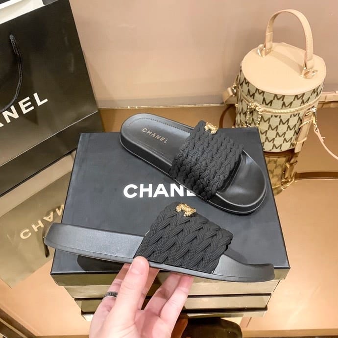 Chanel Braided Slides Black