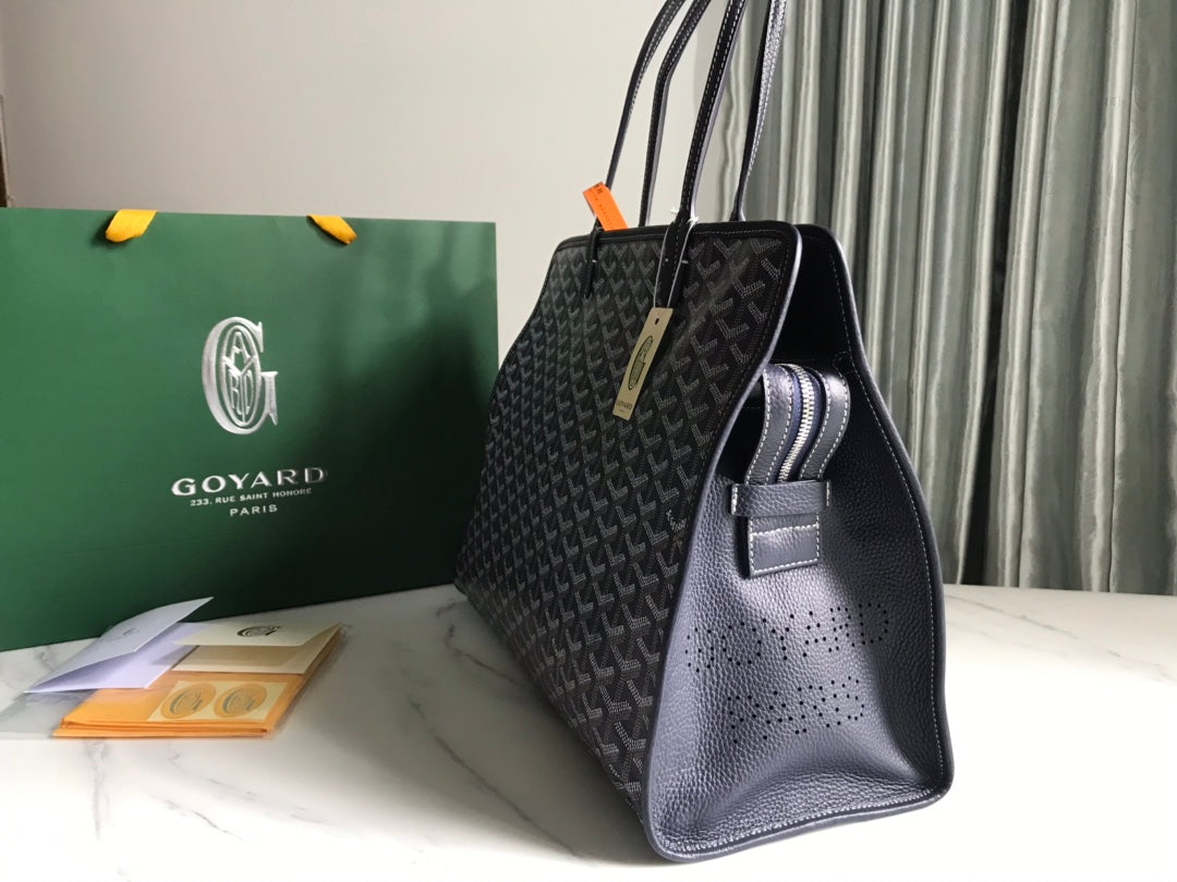 Goyard Hardy Pm Bag 40 Cm Navy Blue Goyardine Canvas And Black Taurillon Leather Trim