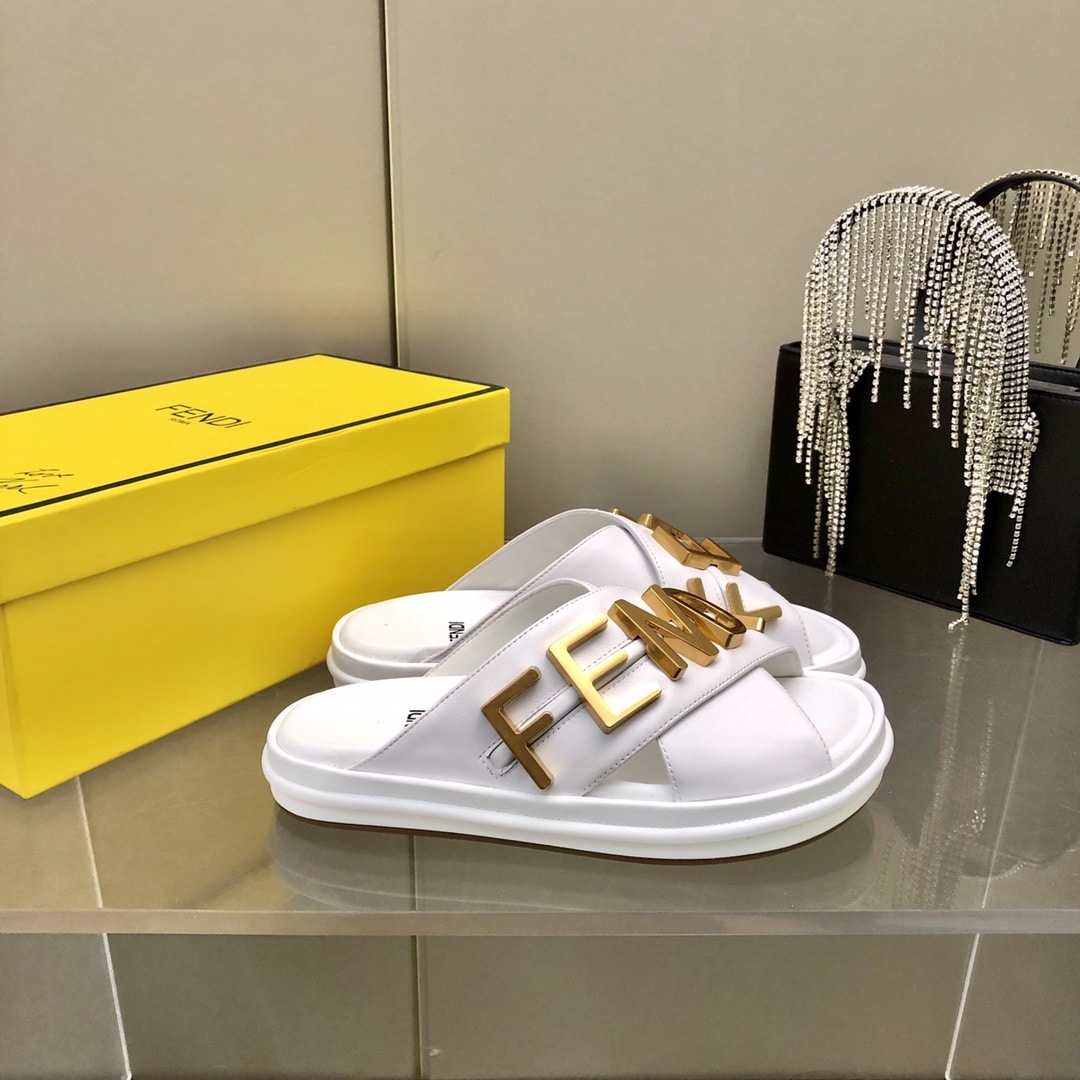 Fendi Fendigraphy Leather Slides White