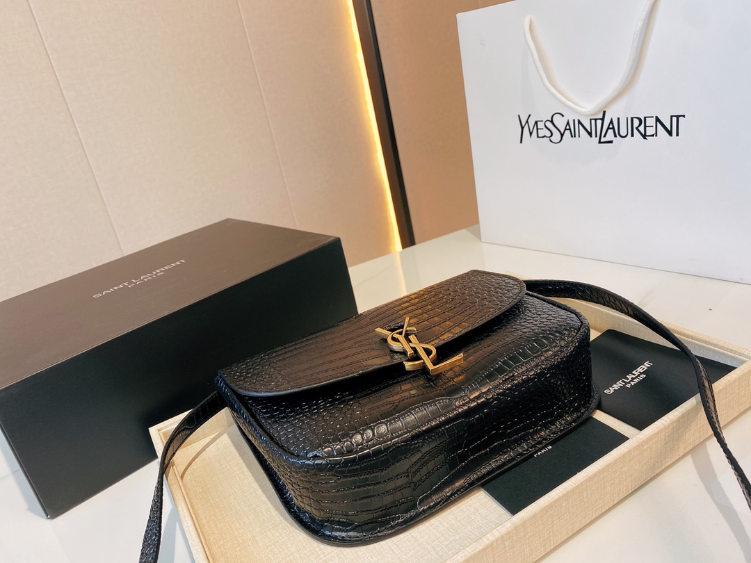 Saint Laurent Kaia Medidum Embossed Leather Black Gold Bag 23Cm