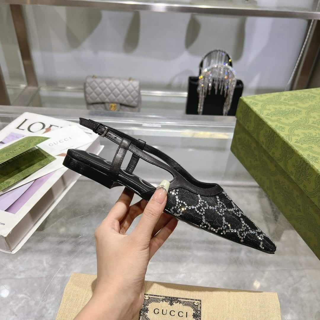 Gucci Gg Embellished Slingback Flats Black