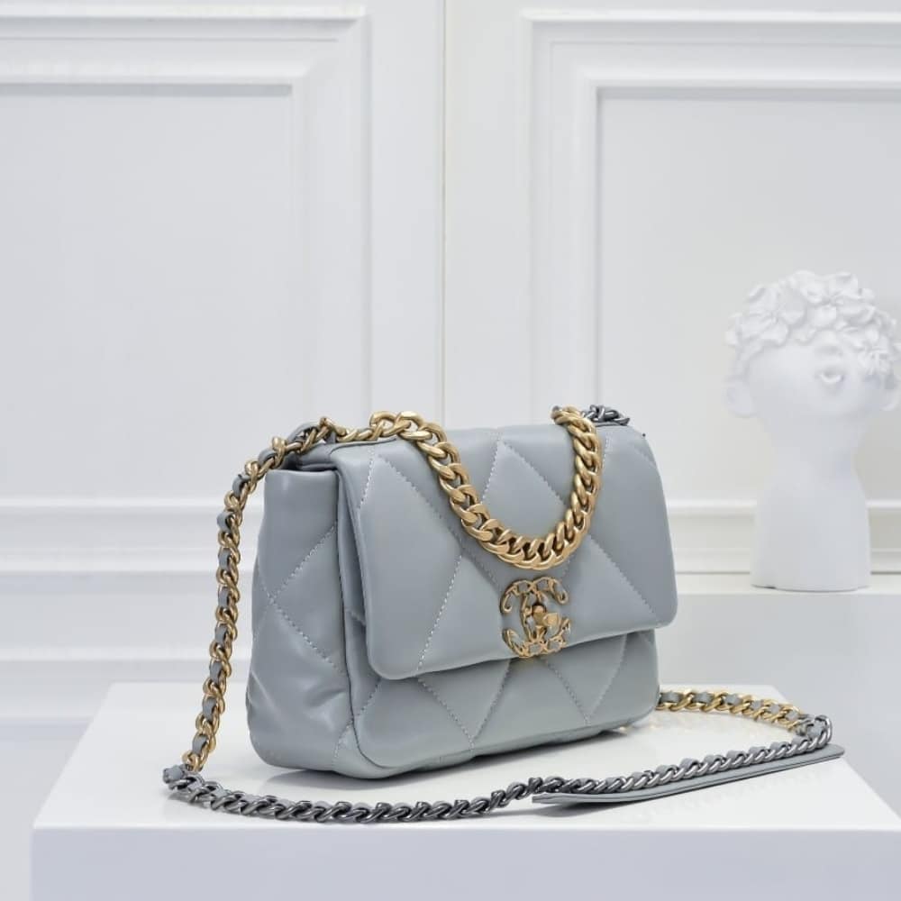 Chanel 19 Flap Bag Shiny Gold And Silver Tone Light Blue 26Cm