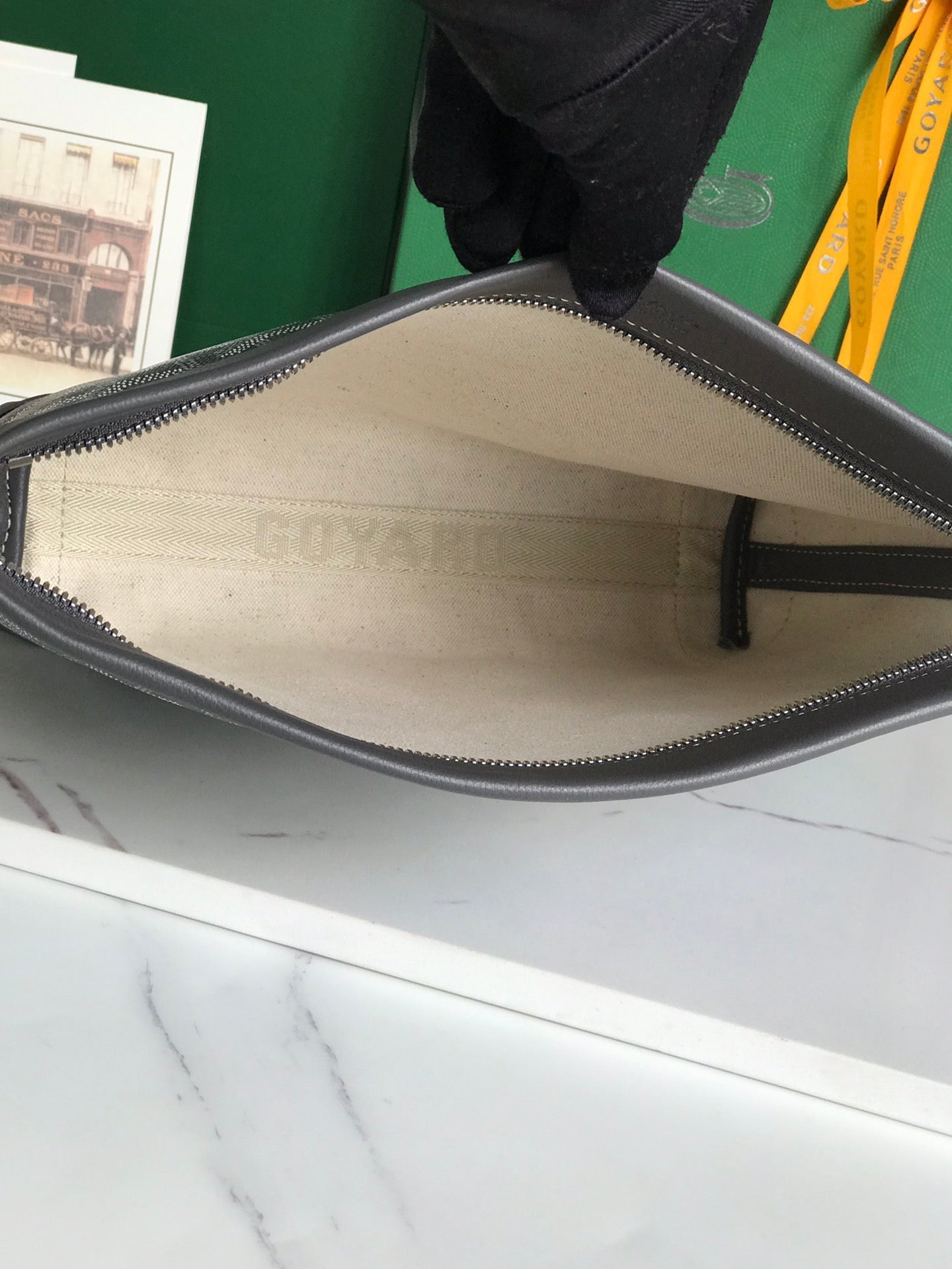 Goyard Conti Pouch 24 Cm Grey Black Lambskin And Goyardine Canvas