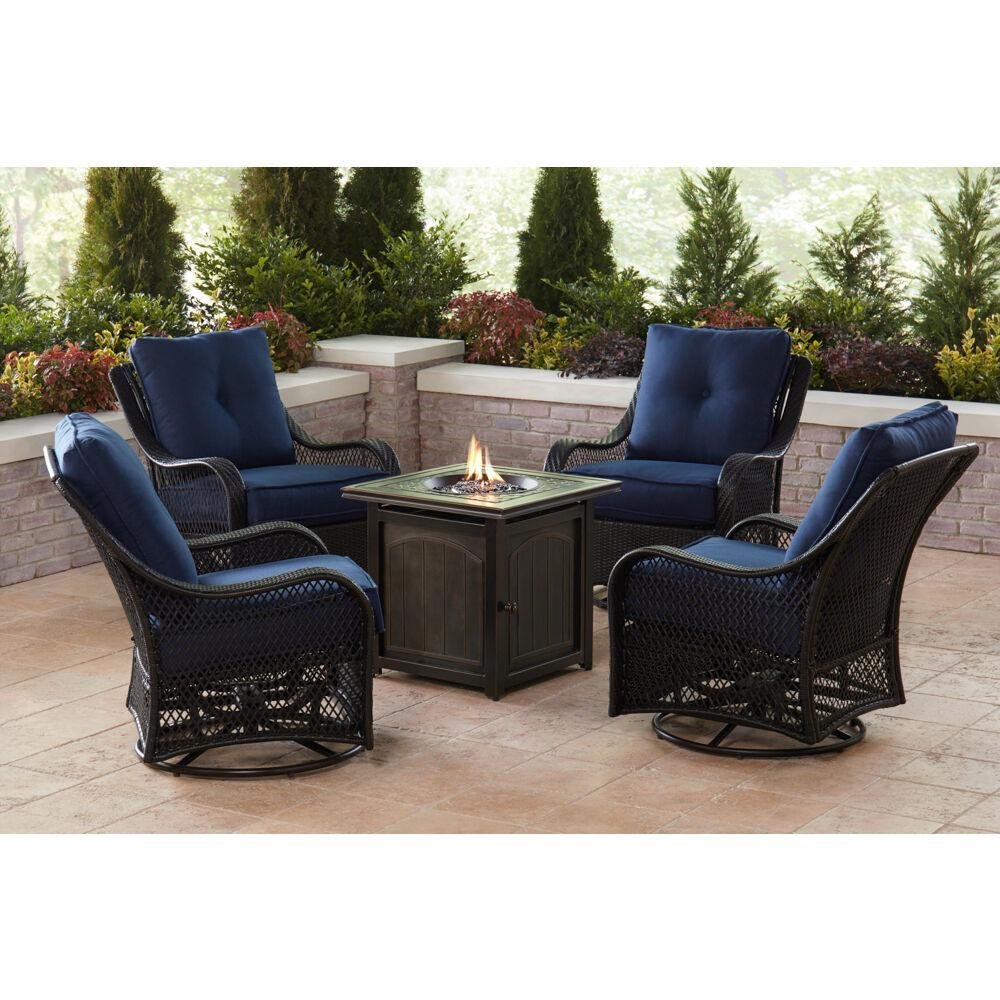 ORLEANS 5-PIECE STEEL PATIO FIRE PIT CONVERSATION SET WITH CUSHIONS, SWIVEL GLIDERS AND SQUARE FIRE PIT TABLE