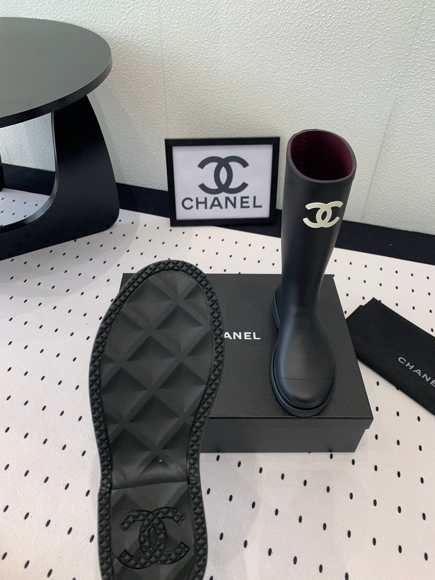 Chanel CC Logo Rain Boots Black Rubber Heel 47cm