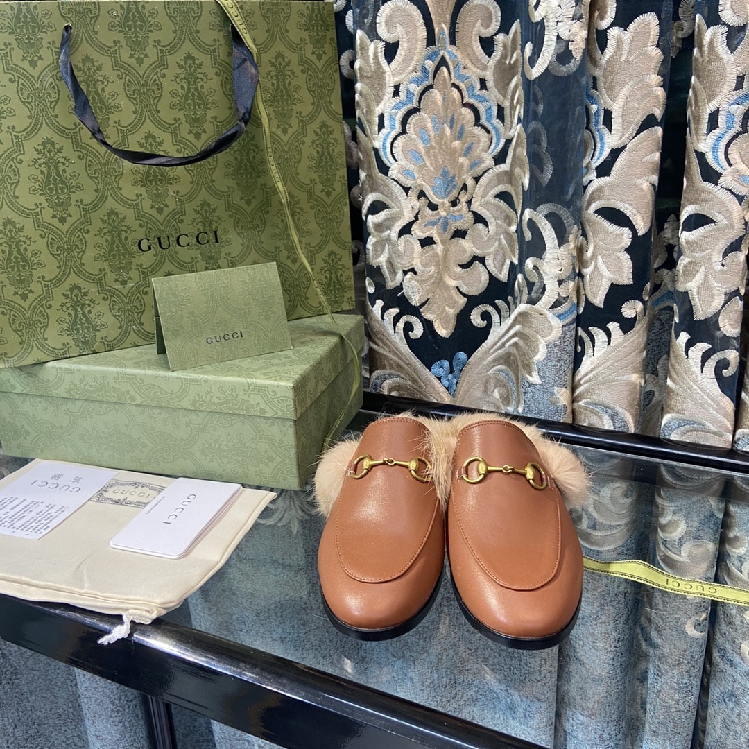 Gucci Princetown Furlined Leather Slippers In Brown