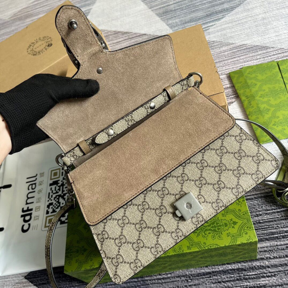 Gucci Small Dionysus Top Handle Bag Taupe Suede Trim