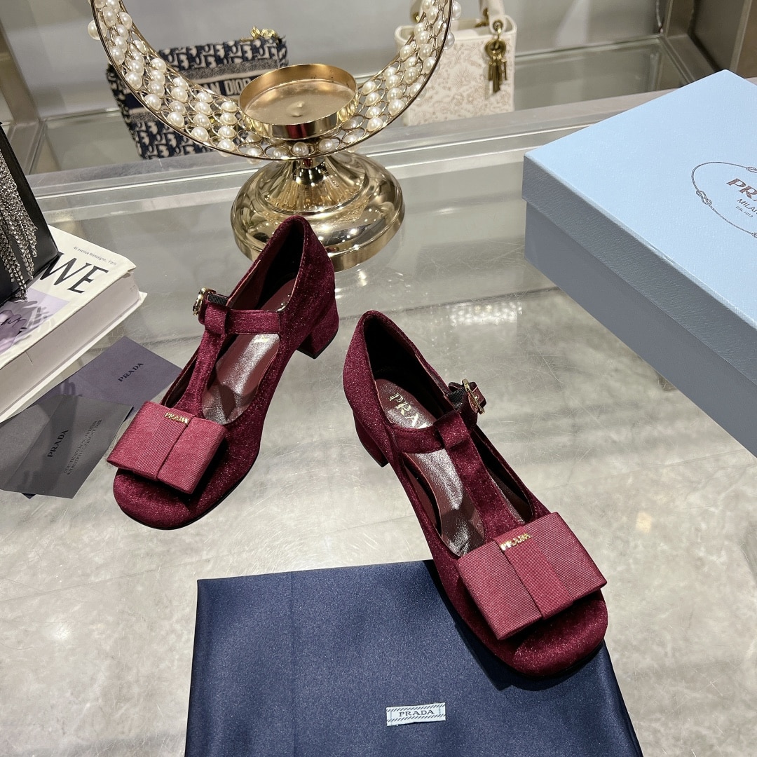 Prada Velvet Mary Pumps Red