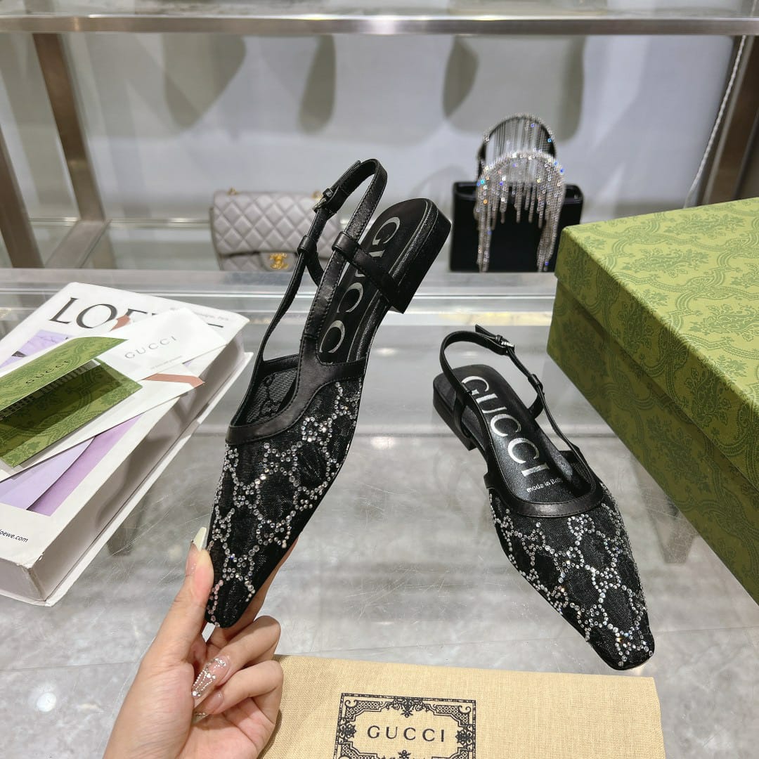 Gucci Gg Embellished Slingback Flats Black