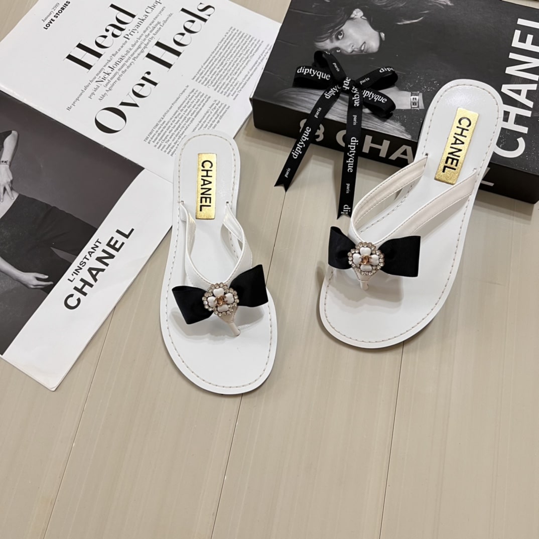 Chanel Thong Slide White Camellia Cc Logo Bow White