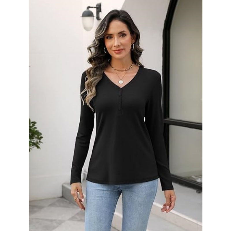 Women's Long Sleeve V‑Neck Henley Tops