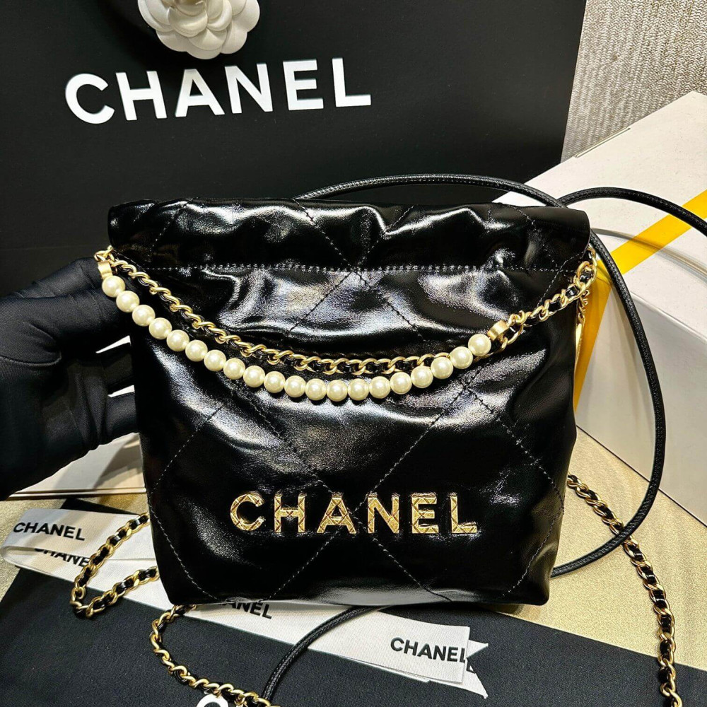 Chanel 22 Mini Bag Shiny Crumpled Calfskin with Pearl Chain