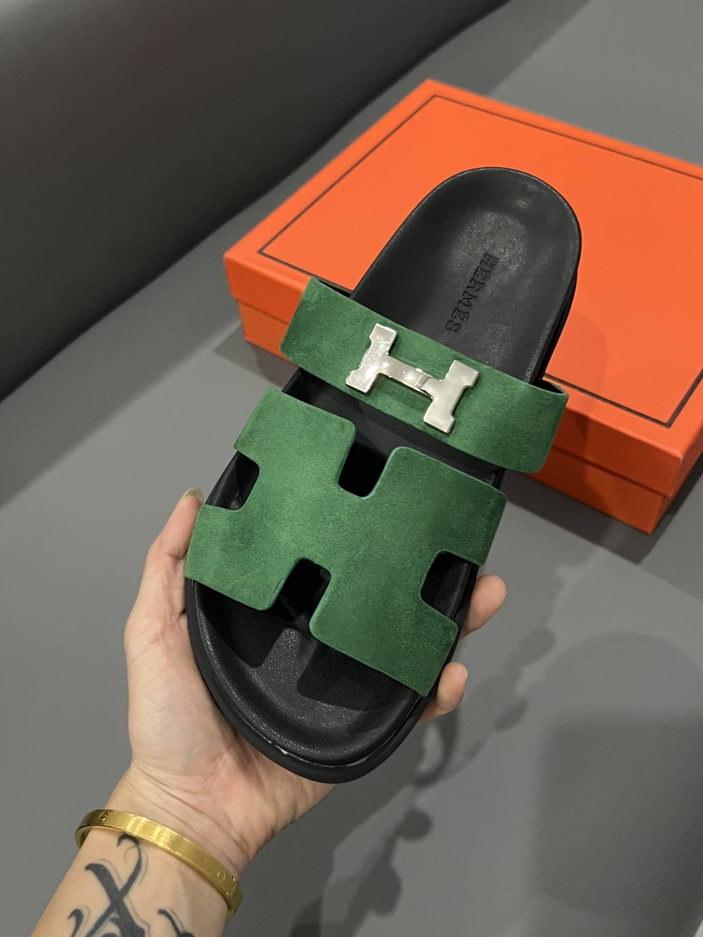 Hermes Chypre Sandal Suede H Logo Silver Hardware Green