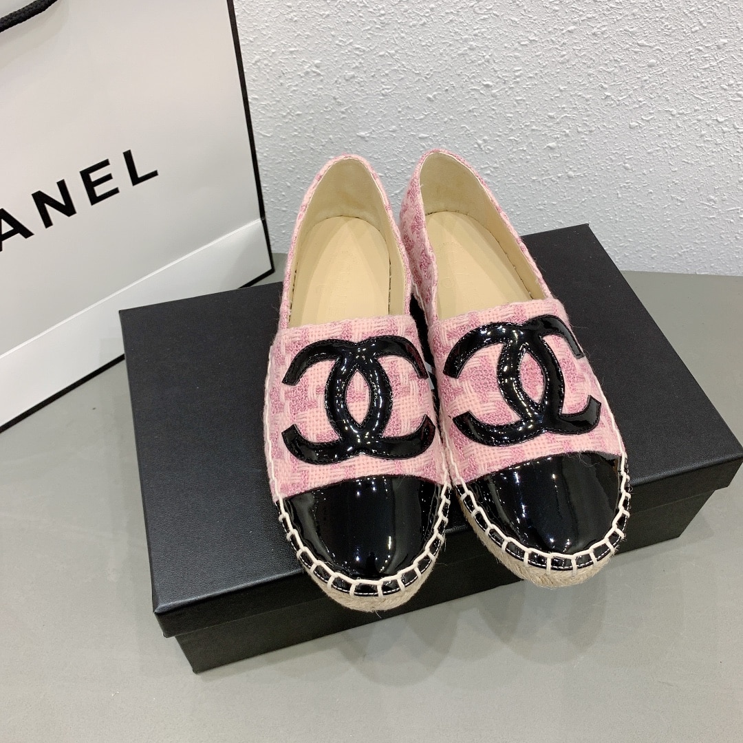 Chanel Tweed Patent Cc Espadrilles Slip On Pink Black
