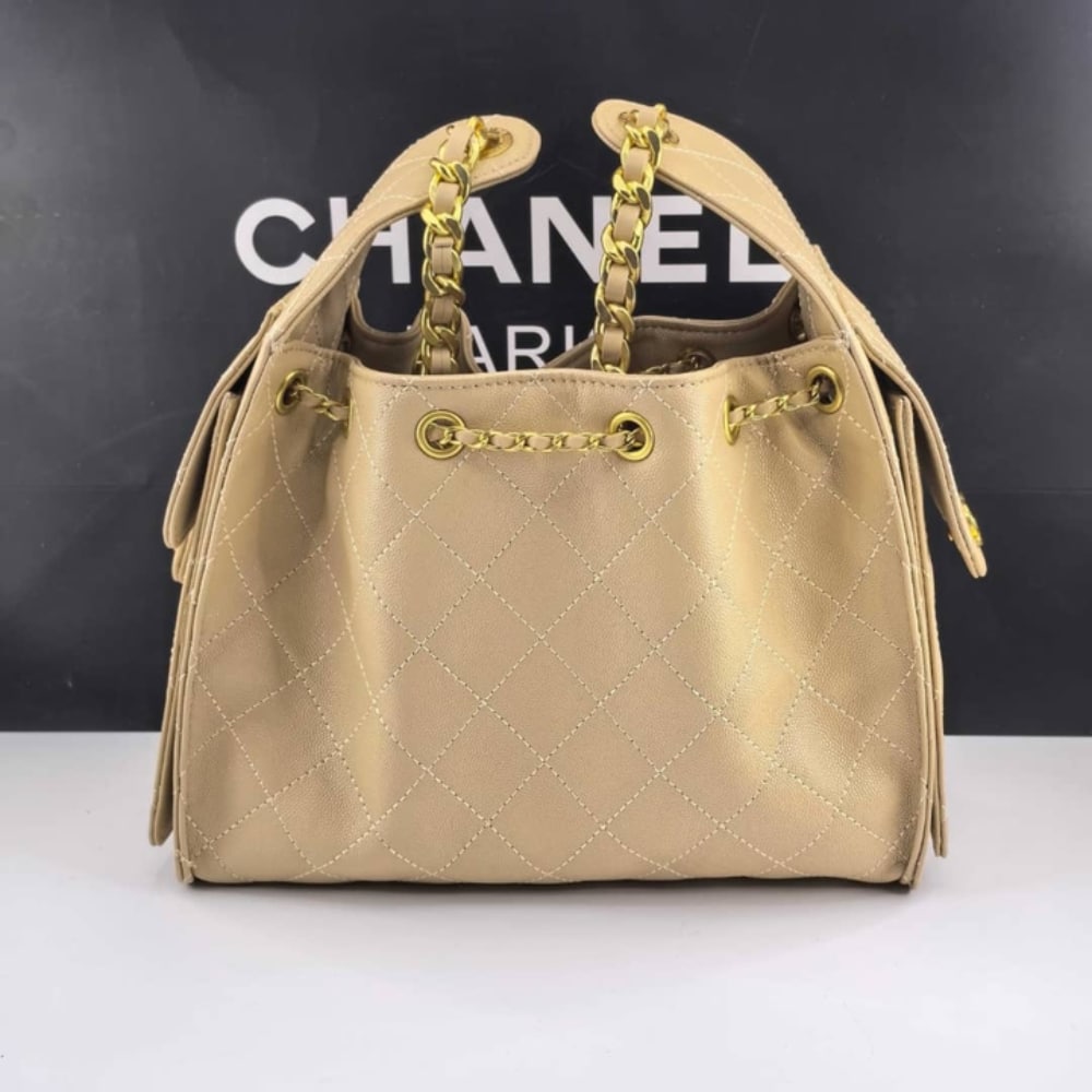 Chanel 25 Small Handbag Grained And Gold Tone Metal Beige 26cm