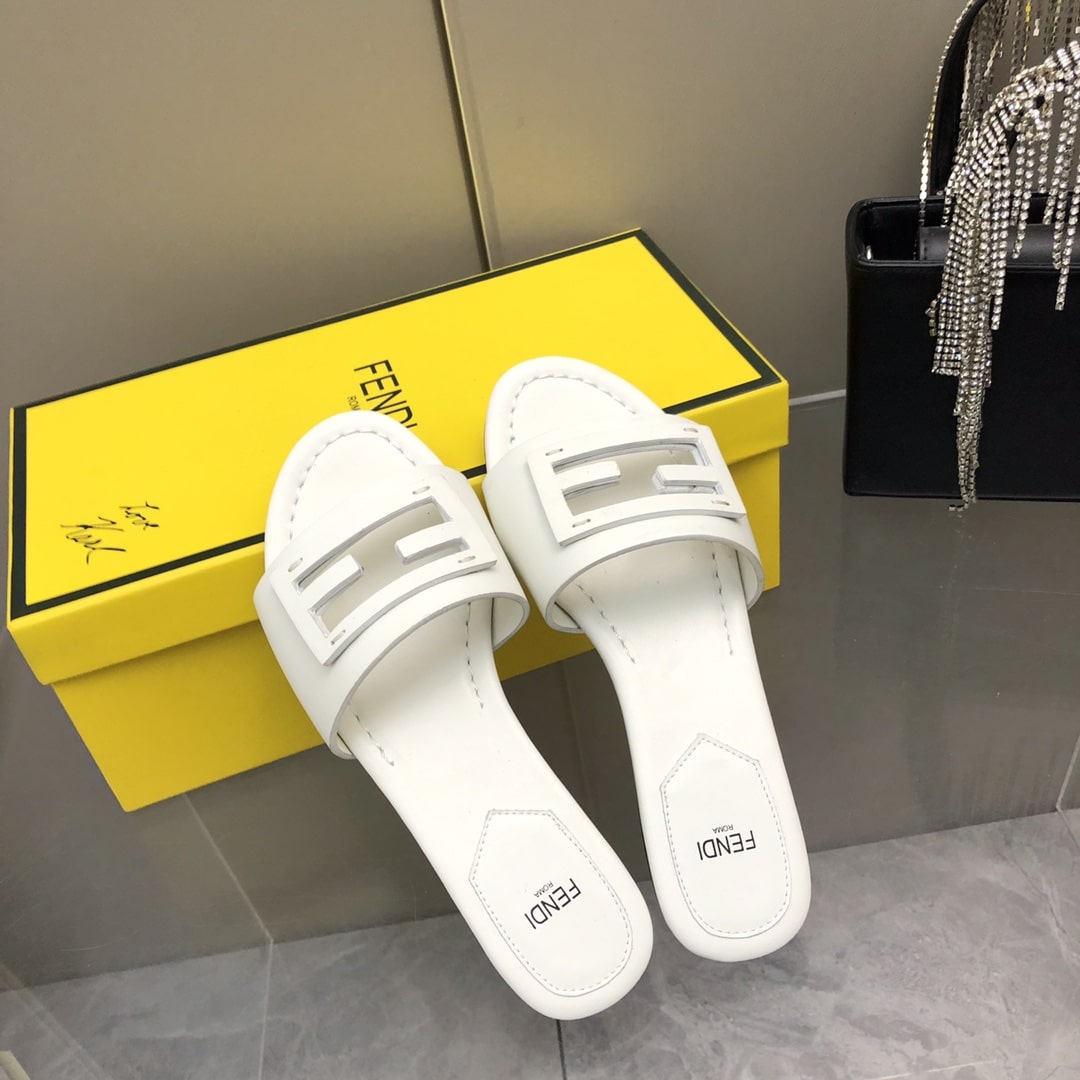 Fendi Baguette White Leather Slides