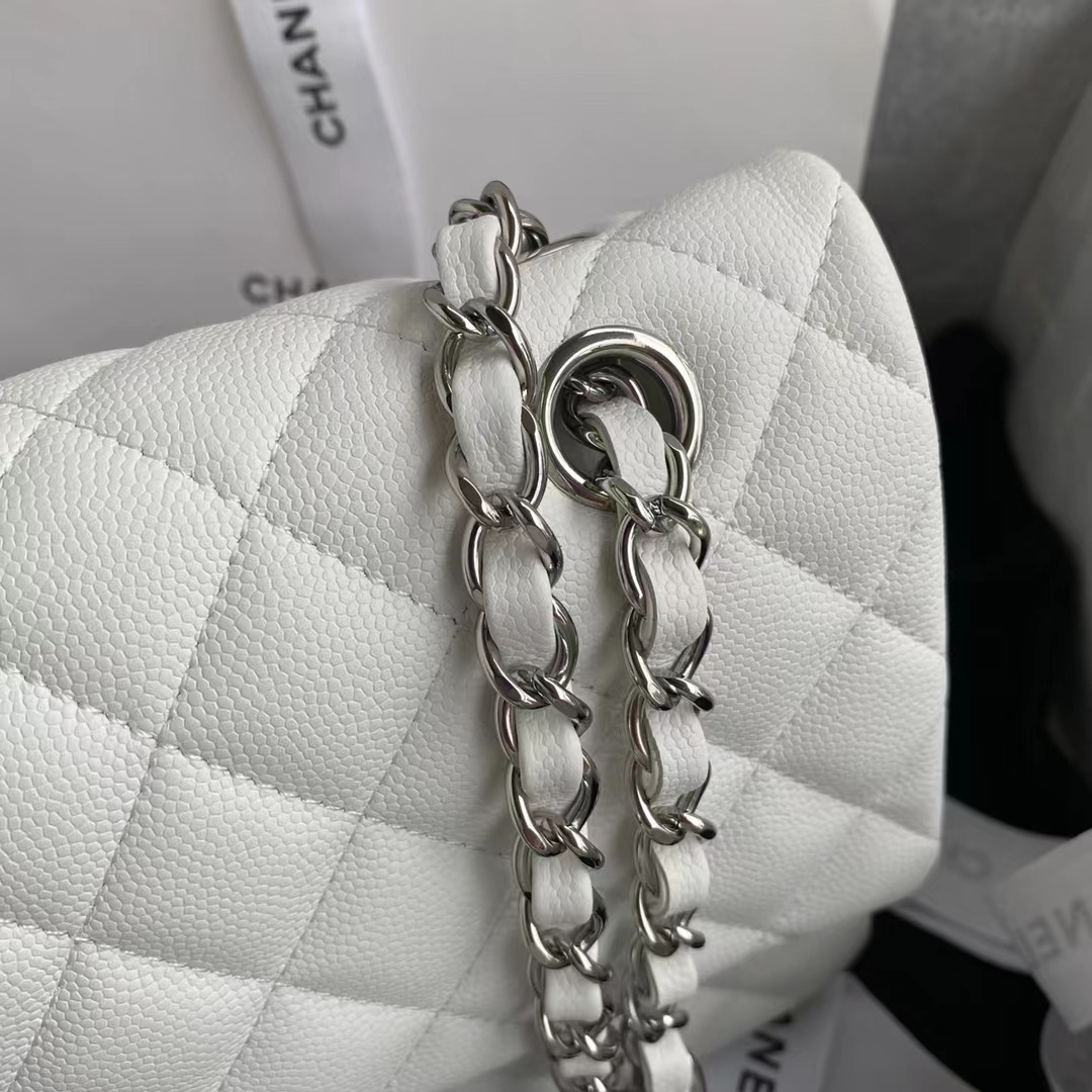 Chanel Classic Double Flap Bag White Silver Hardware 25Cm/10in
