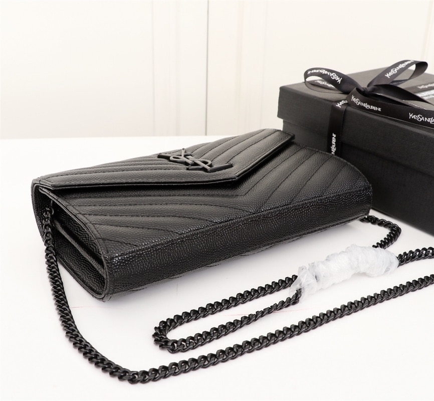 Saint Laurent Cassandre Matelasse Chain Wallet In Grain De Poudre Embossed Black Noir 22Cm