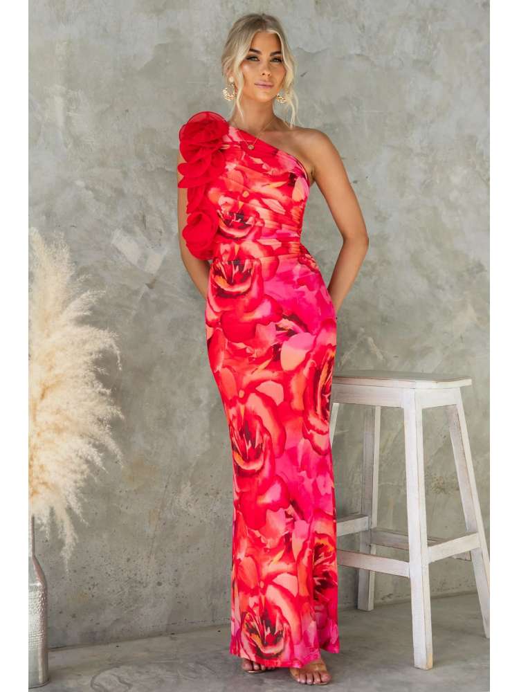 Flower Lacework One Shoulder Fitted Maxi Dress
