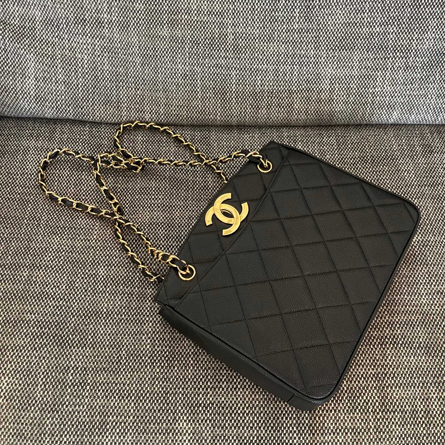 Vintage Black Quilted Caviar Leather Tote Bag with Large Gold-Tone CC Logo & Chain Shoulder Strap