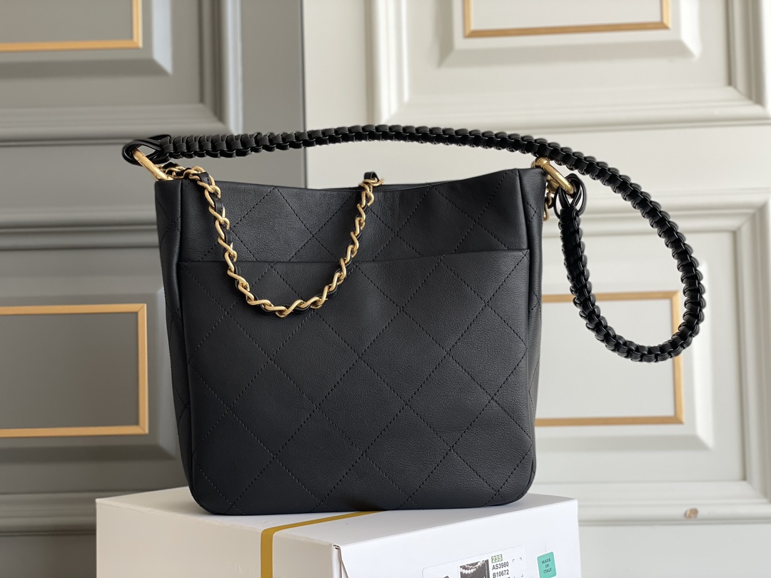 23A Fall-Winter Pre-Collection Hobo Bag in Black Calfskin with Braided Strap & Gold-Tone Hardware (Model AS4210)