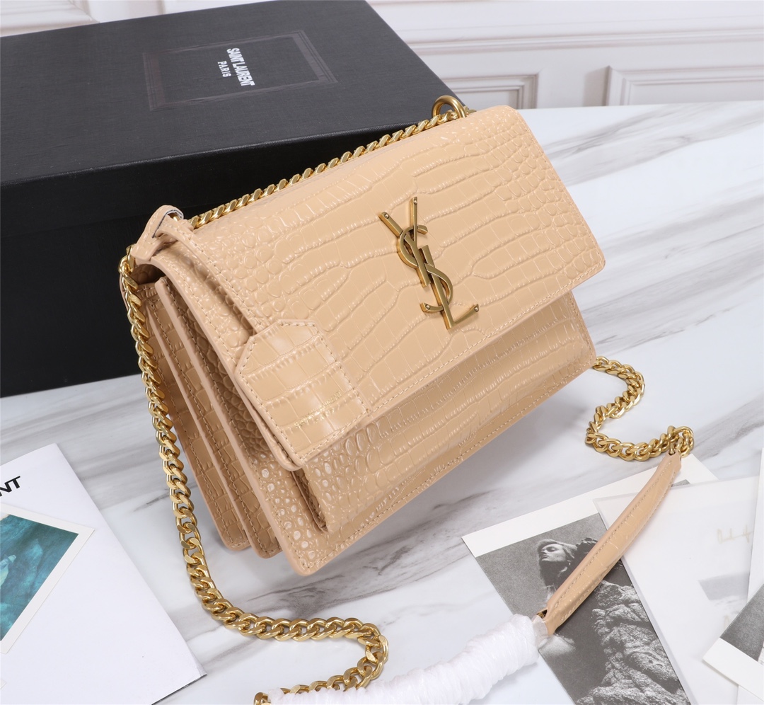 Saint Laurent Sunset Medium Chain Bag In Crocodile Embossed Shiny Apricot 22Cm