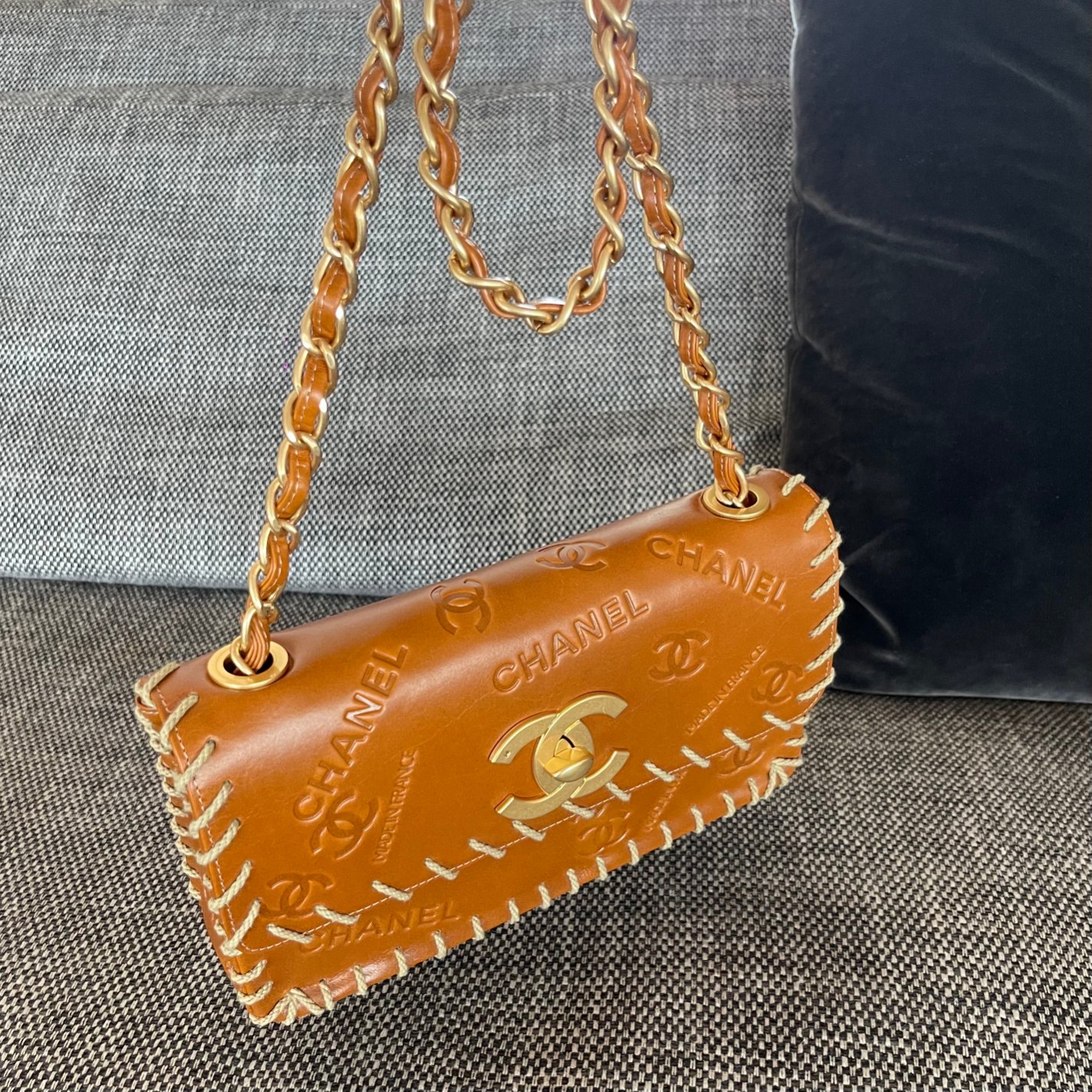 Vintage Caramel Brown Calfskin Leather CF Flap Bag with Embossed Chanel Logo & Whipstitch Trim