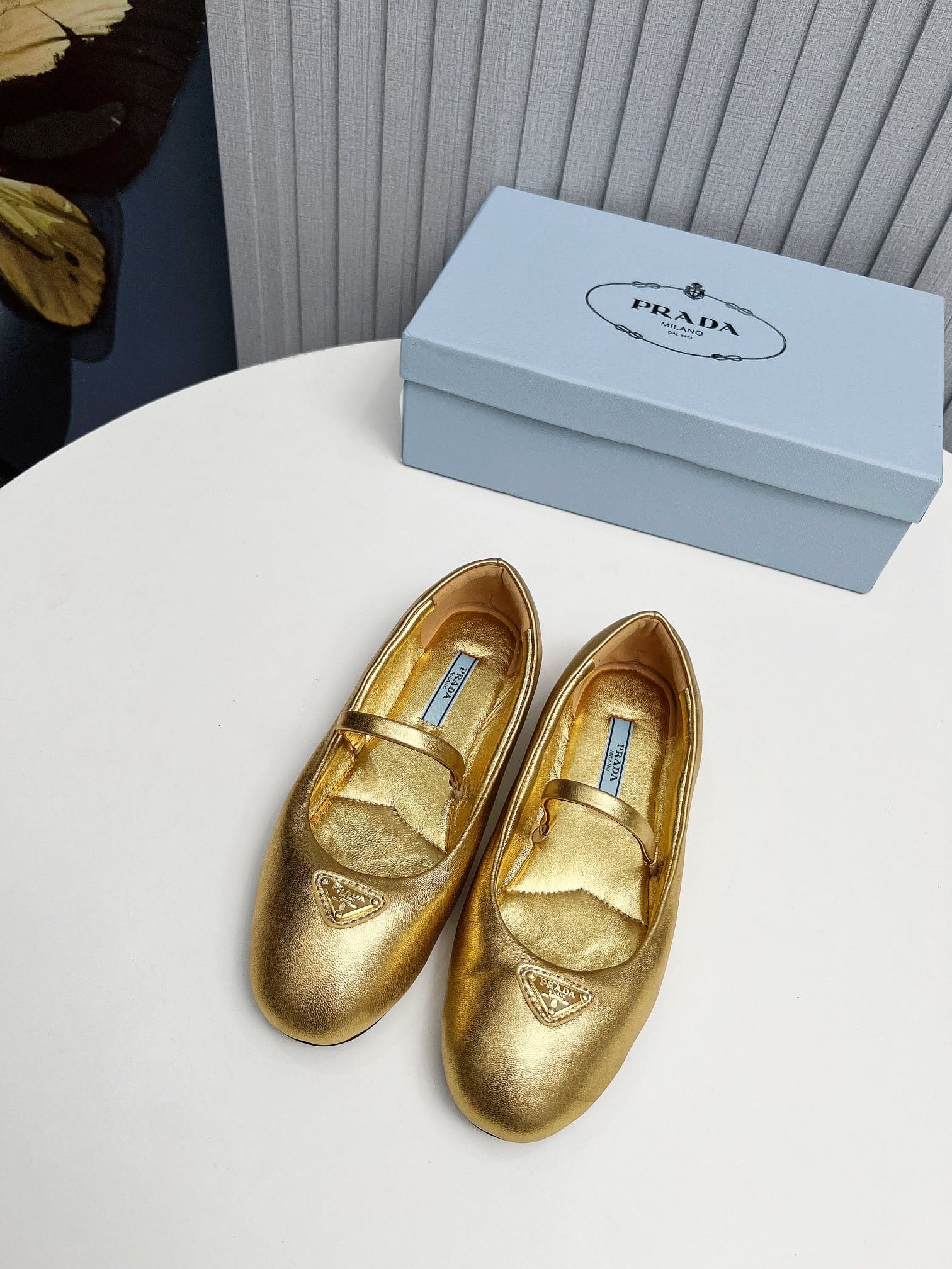 Prada Soft Padded Nappa Leather Ballerinas Gold