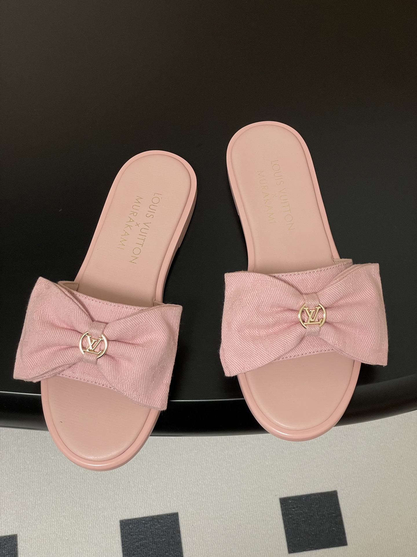 Louis Vuitton x Takashi Murakami Lily Flat Mule Bow Slide Sandals Black Canvas 1AGVYA