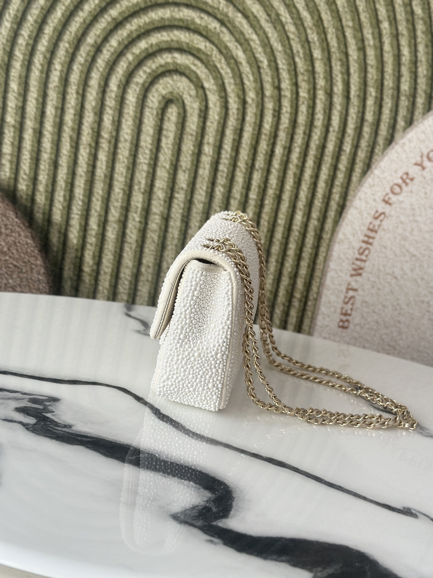 25P Small Classic Flap Bag in Ivory White All-Over Pearl Embellished Lambskin with Light Gold-Tone Hardware