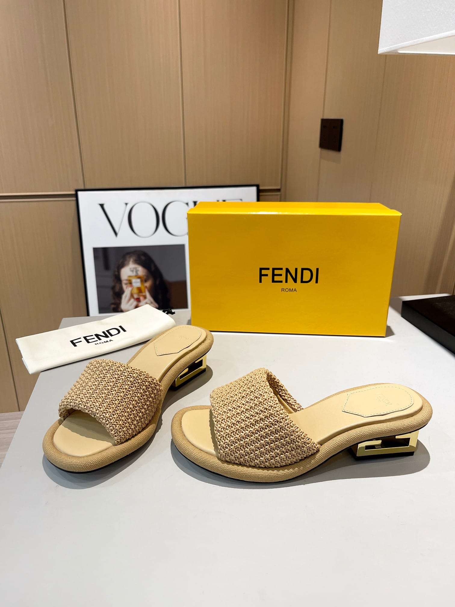 Fendi Baguette Raffia Slide Sandal Natural Neutral