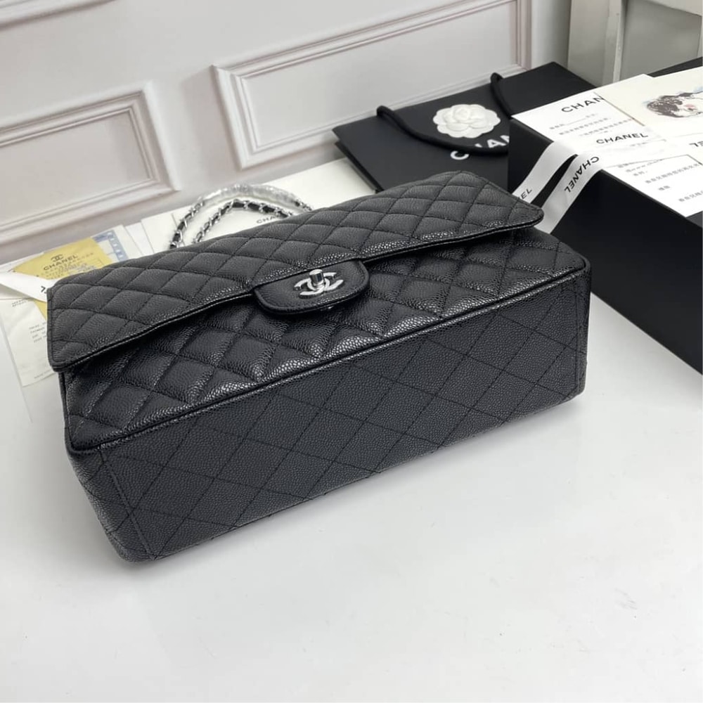 Chanel Maxi Classic Handbag Sliver Hardware Black 33Cm