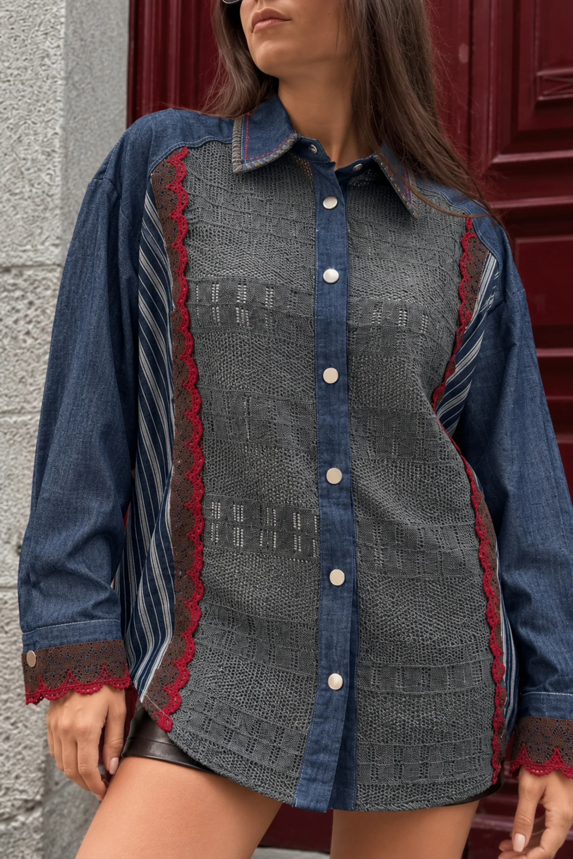 Denim Knit Striped Oversized Shirt