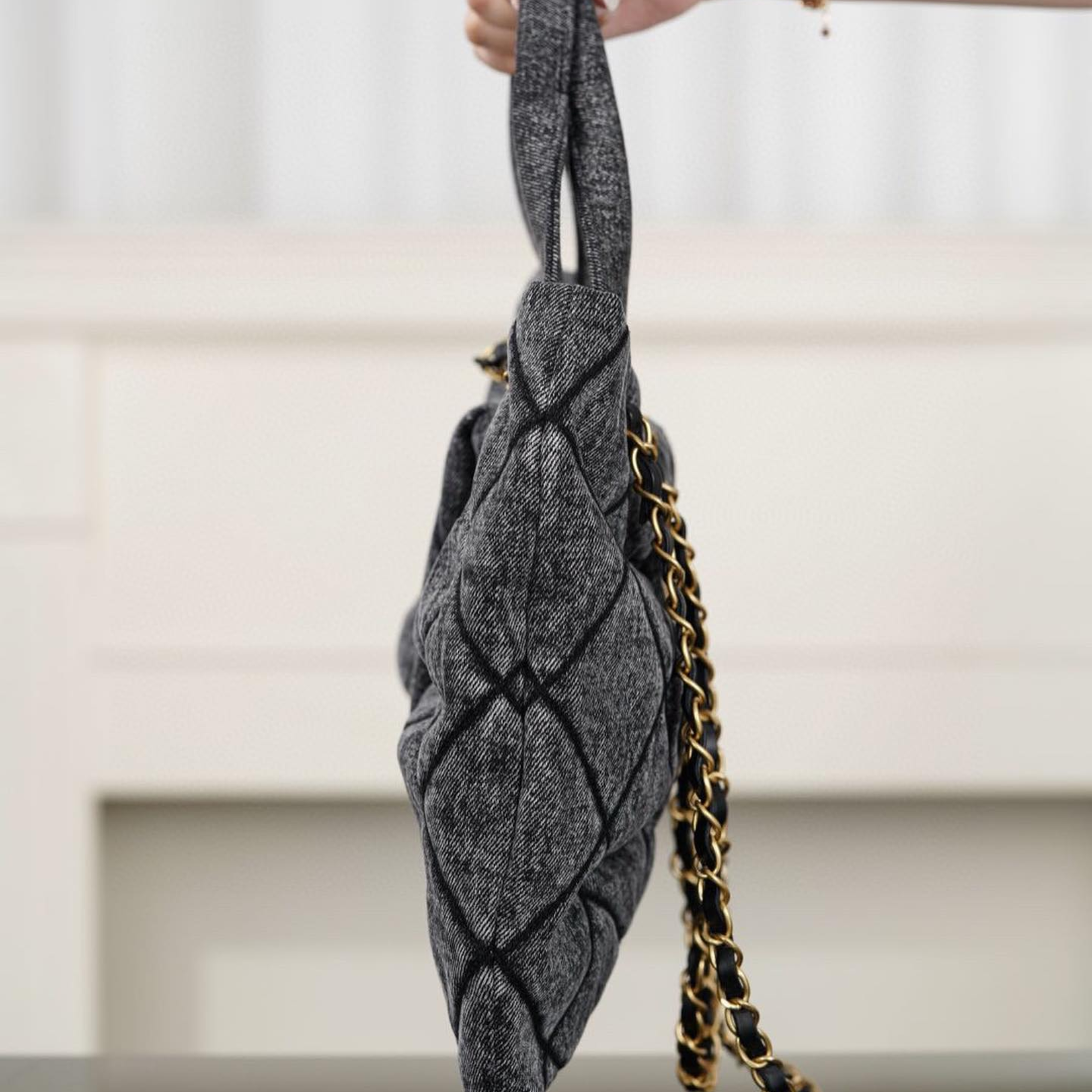 Chanel Grey Bow Pattern Chain Shoulder Bag