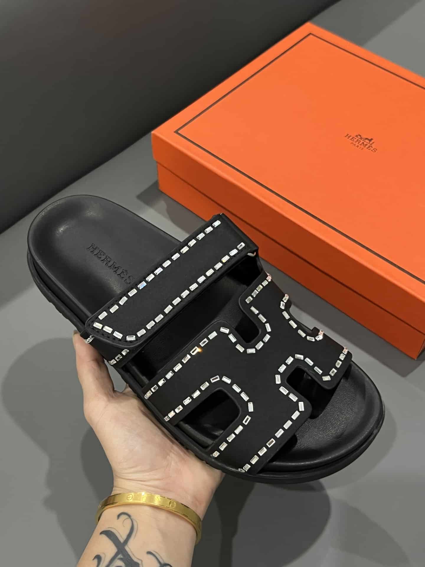 Hermes Chypre Sandal Suede Crystal Black