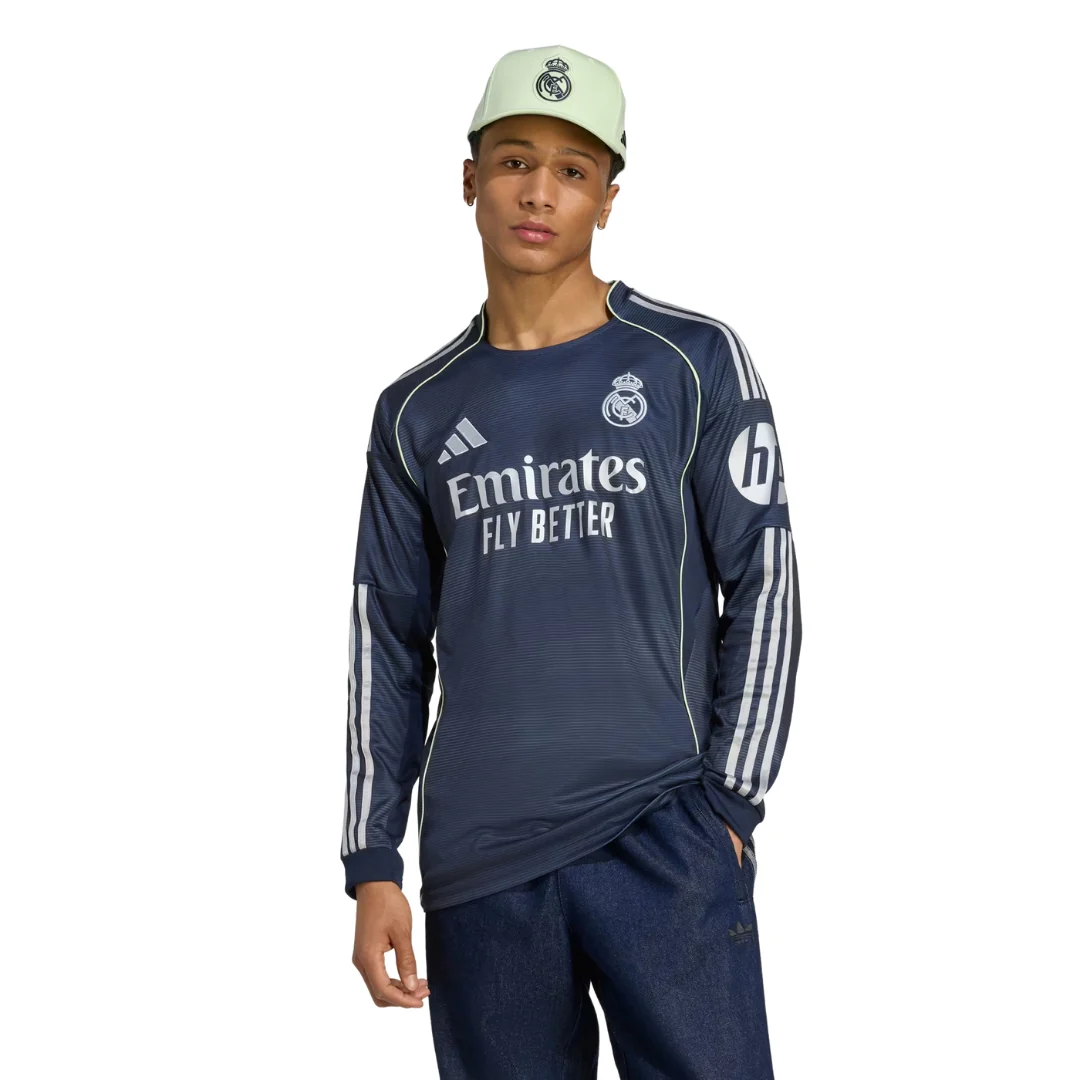 adidas Real Madrid Kylian Mbappe Long Sleeve Away Jersey w/ Champions League Patches 25/26 (Legend Ink)