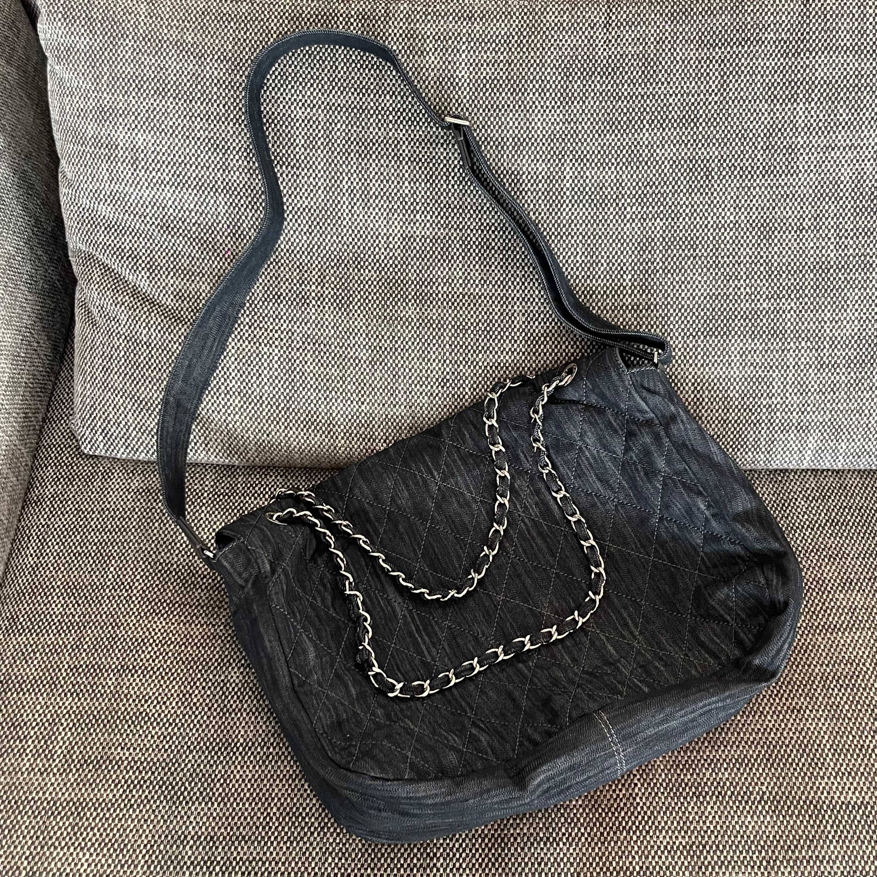 Vintage Hobo Dark Blue Denim Quilted Tote Bag with Silver-Tone Hardware