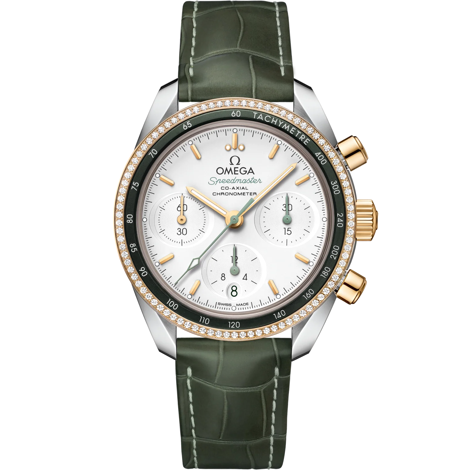 Omega Speedmaster 38 Silver Dial 38mm with Diamonds Stainless Steel 18k Yellow Gold Strap 324.28.38.50.02.001