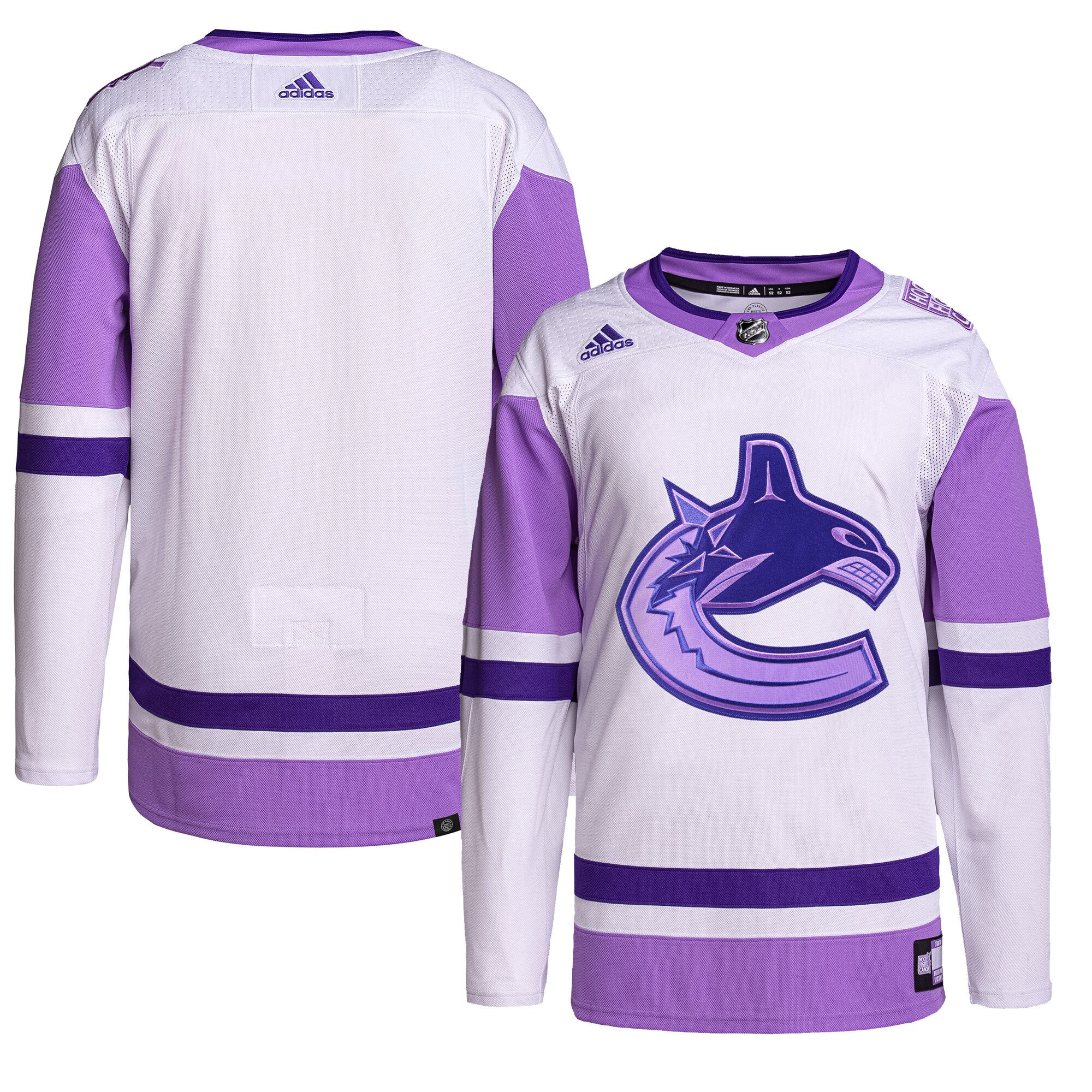Vancouver Canucks adidas Hockey Fights Cancer Primegreen Authentic Blank Practice Jersey – White/Purple