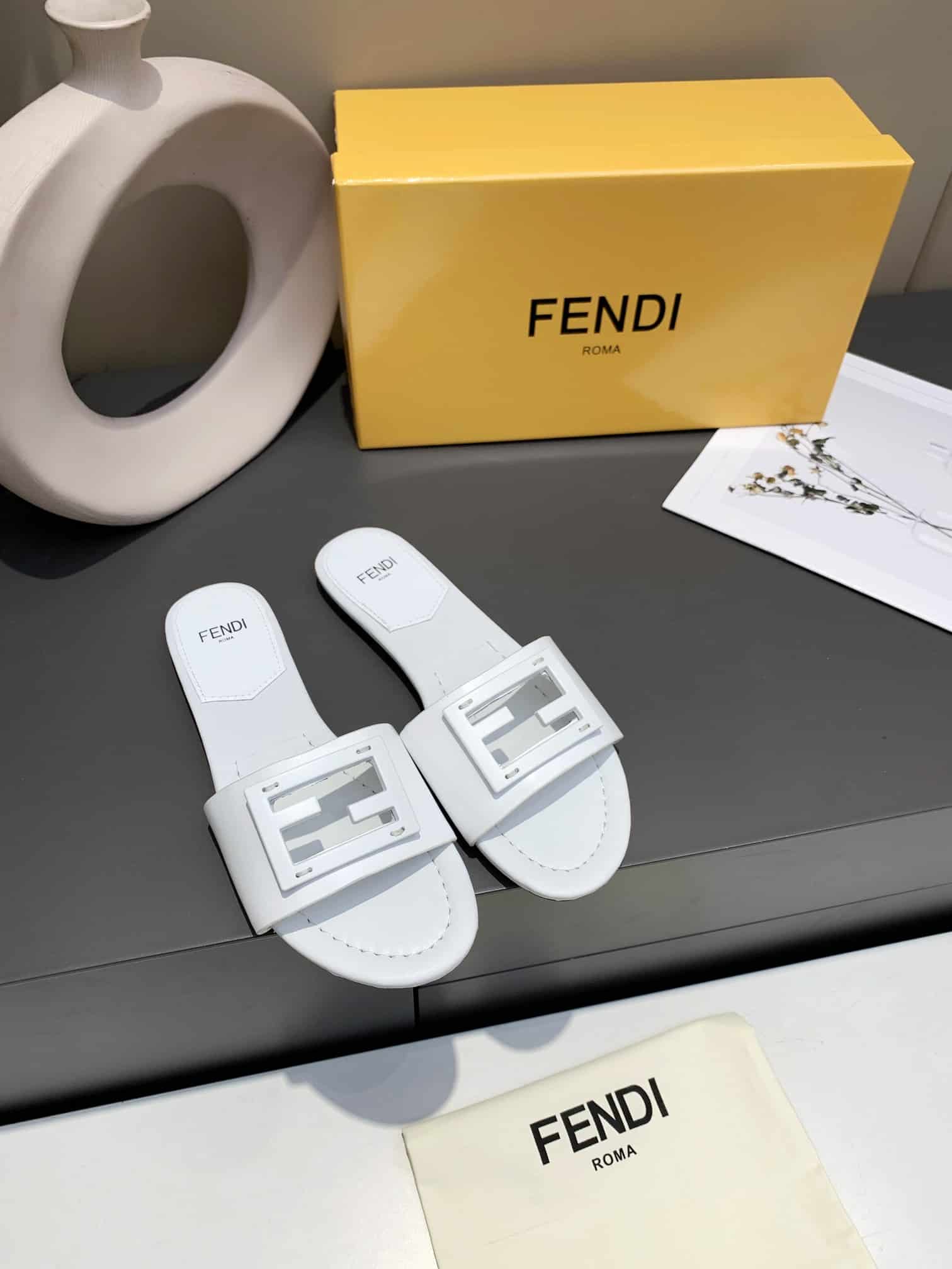 Fendi Signature Leather Sandals Slide White
