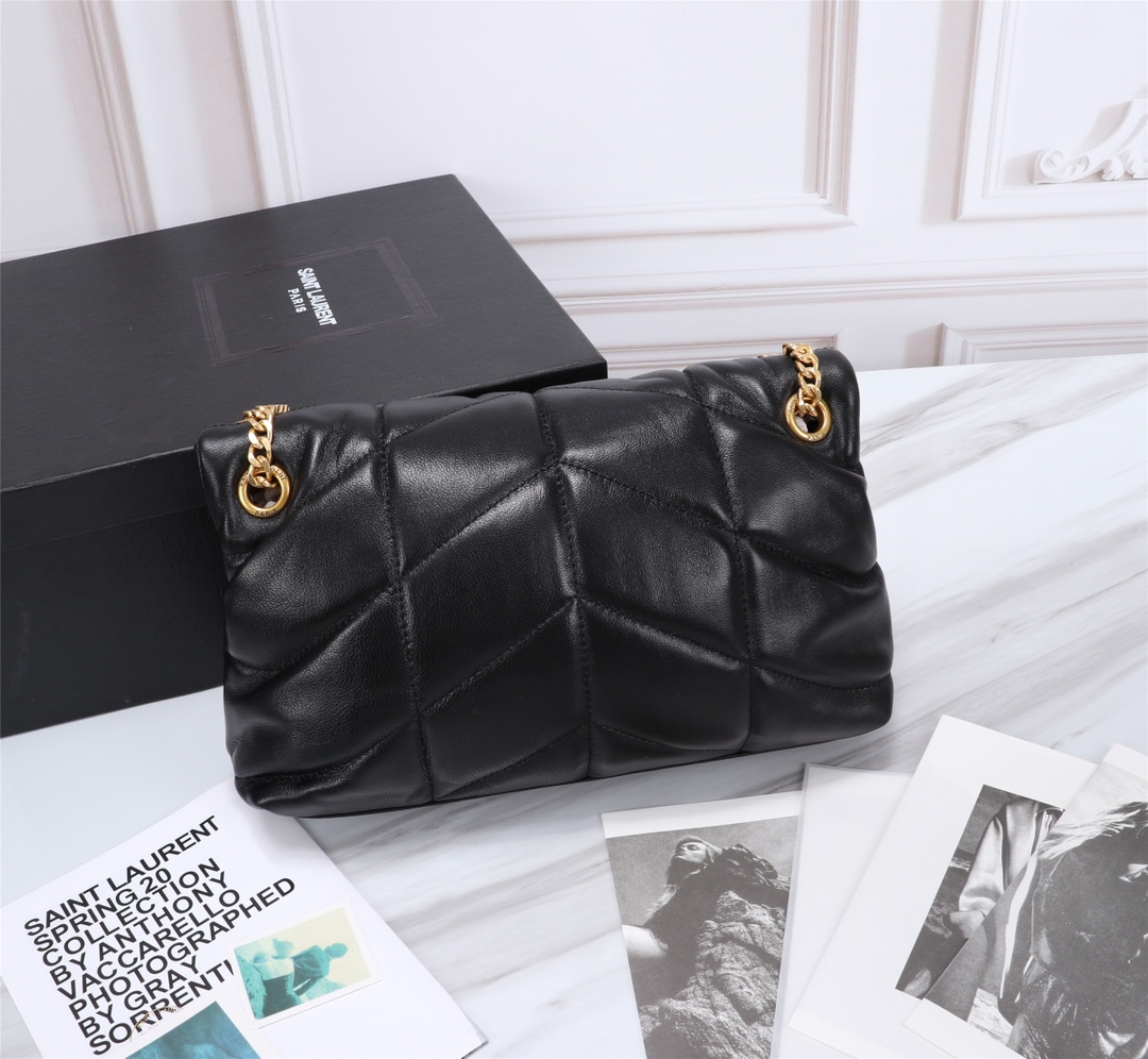 Saint Laurent Puffer Small Chain Bag In Quilted Black Gold