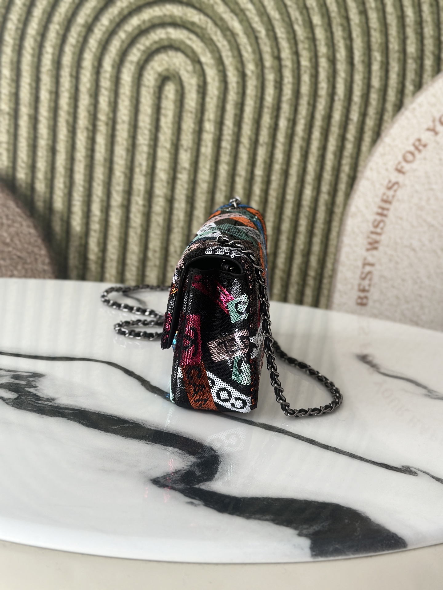 Limited Edition Cambon Paris Multicolor Sequin Mini Classic Flap Bag with Gunmetal Hardware