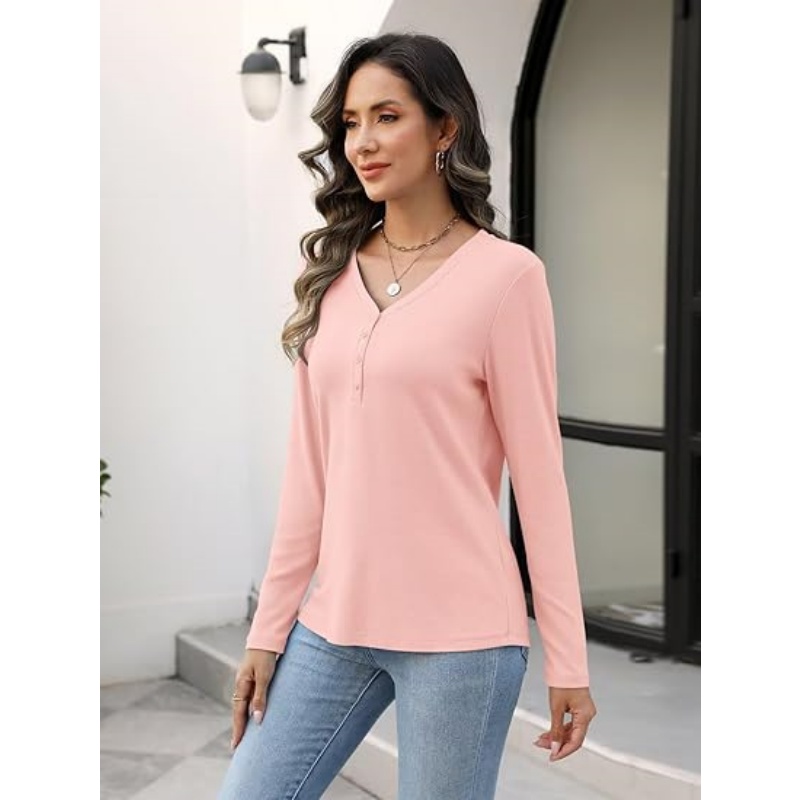Women's Long Sleeve V‑Neck Henley Tops