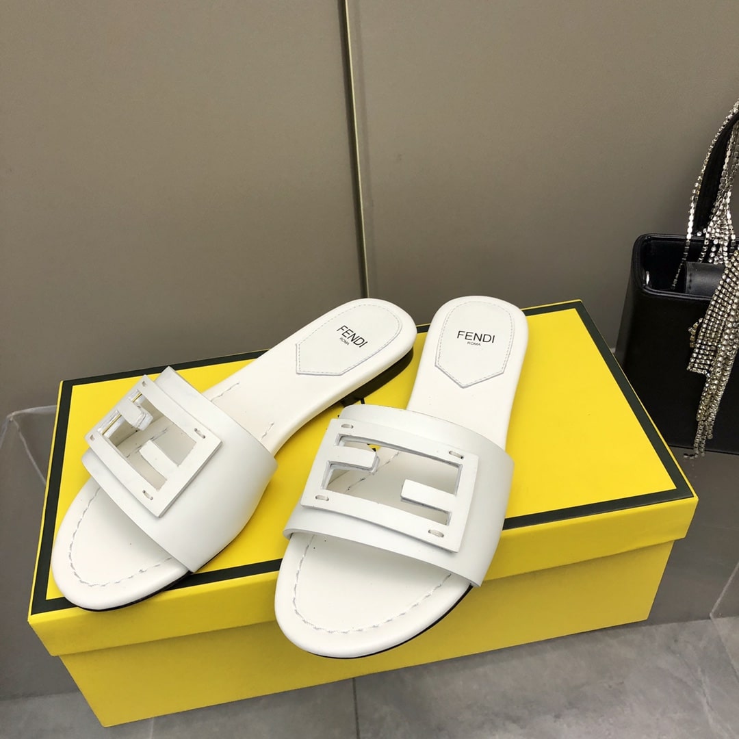 Fendi Baguette White Leather Slides